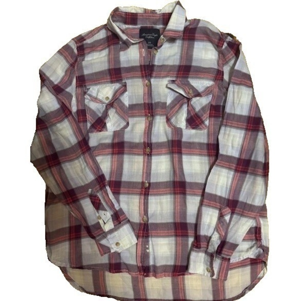American Eagle Plaid Button Down Shirt Womens‎ Medium Burgundy Cream Long Sleeve